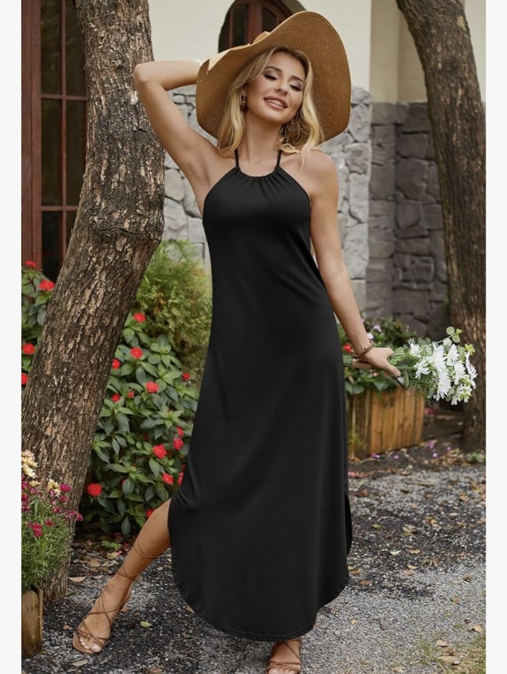 Black Halter Maxi Dress w/Side Slit Size L NWOT